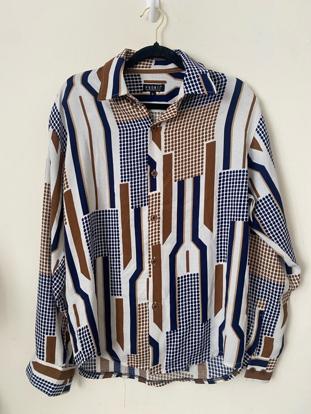 Men's Geometric Button-Up Shirt in Brown & Navy
